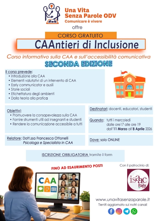 Corso gratuito “CAAntieri di Inclusione”, promosso da Una Vita Senza Parole ODV.