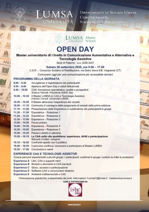 OPEN DAY MASTER in CAA e TA LUMSA – Palermo OPEN DAY MASTER in CAA e TA LUMSA - Palermo